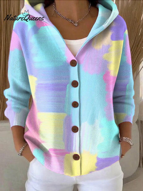 Women's Irregular Color Blocks Printed Casual Hooded Button Sweater
