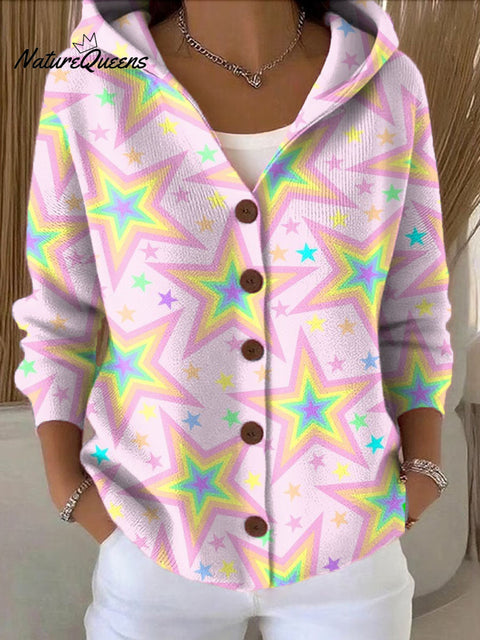 Women's Multi-Color Mixed Stars Printed Casual Hooded Button Sweater
