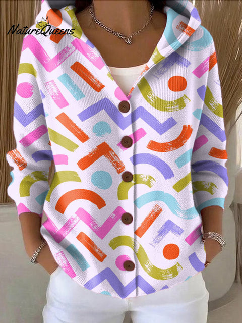 Women's Multi-Color Mixed Irregular Strips Printed Casual Hooded Button Sweater