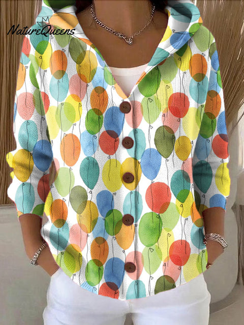 Women's Colorful Balloons Printed Casual Hooded Button Sweater