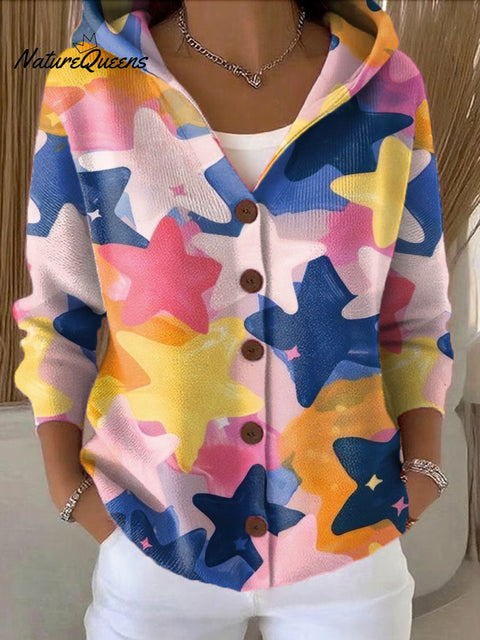 Women's Colorful Starts Printed Casual Hooded Button Sweater