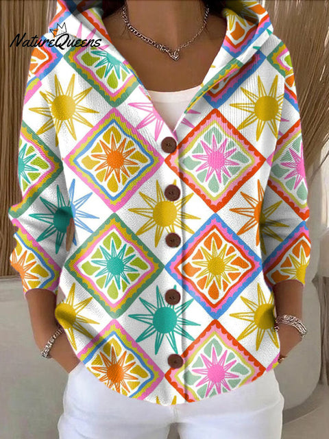 Women's Sun Rhombus Printed Casual Hooded Button Sweater