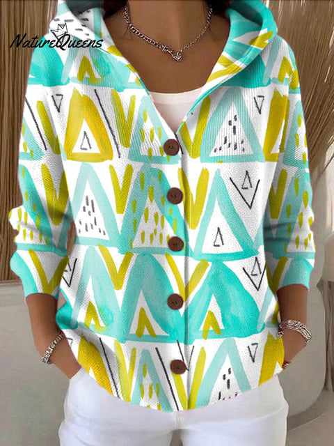 Women's Colorful Lines Triangle Printed Casual Hooded Button Sweater