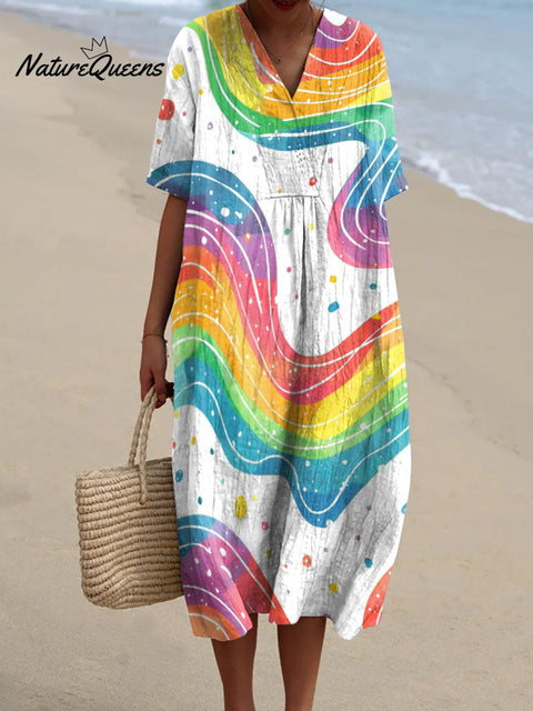 Women's Rainbow Lines And Dots Print Art Print Flowy Dress