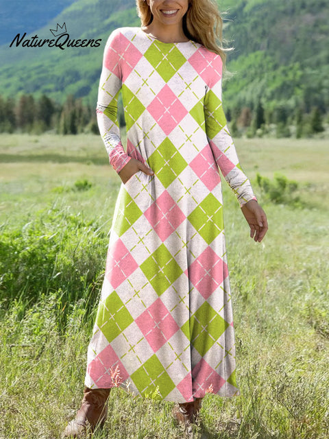 Women's Three-Color Line Checkered Pattern Art Print Long-sleeved Dress