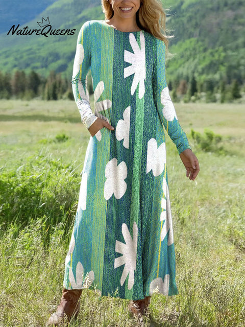 Women's Multi-Colored Vertical Line Flowers Art Print Long-sleeved Dress