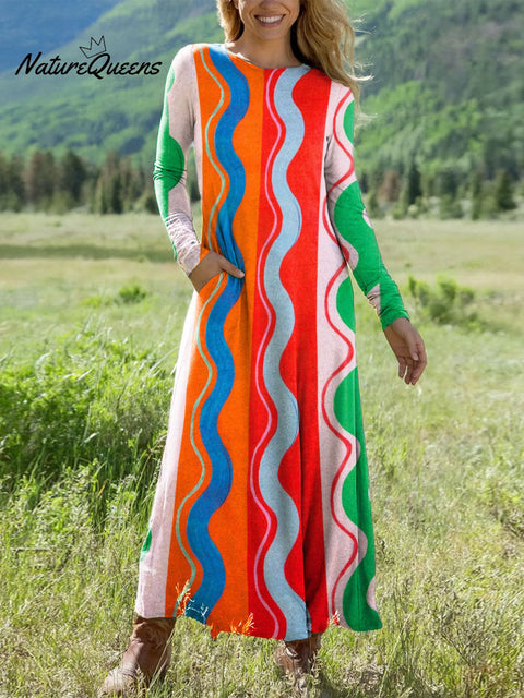 Women's Colorful Vertical Waves Art Print Long-sleeved Dress