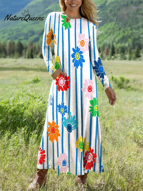 Women's Vertical Colored Flowers Art Print Long-sleeved Dress