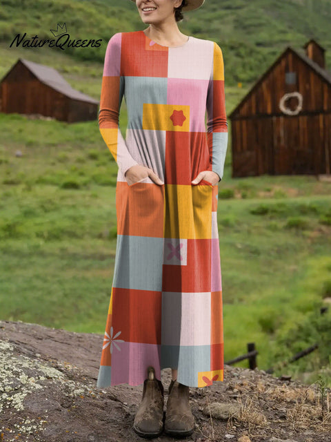Women's Colorful Large grid Art Print Long-sleeved Dress