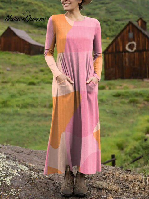 Women's Contrasting Color Blocks Art Print Long-sleeved Dress