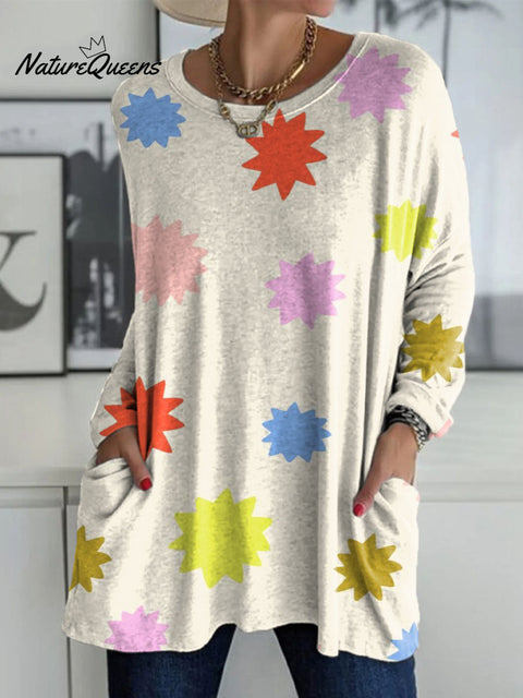 Women's Colored Polygons Print Casual V-neck Long Sleeve T-shirt