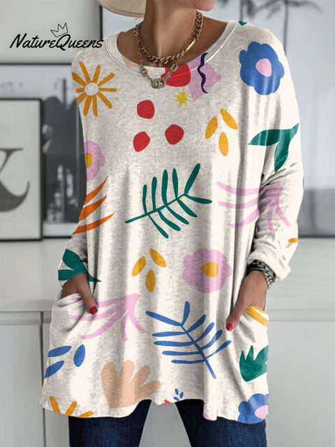 Women's Irregular Colored Leaves And Flowers Print Casual V-neck Long Sleeve T-shirt