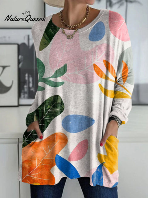 Women's Large Colorful Leaves Print Casual V-neck Long Sleeve T-shirt