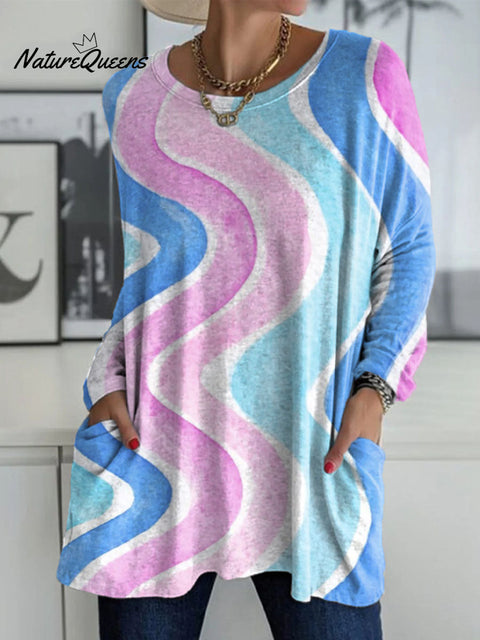 Women's Wave Print Casual V-neck Long Sleeve T-shirt