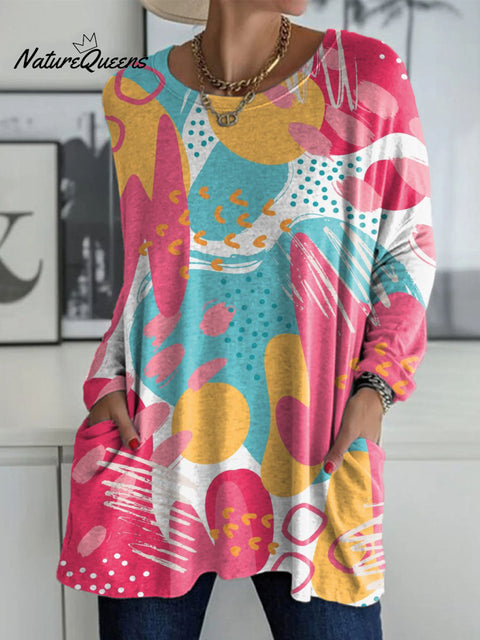 Women's Multi-Image Color Mixing Print Casual V-neck Long Sleeve T-shirt