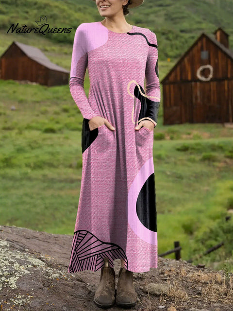 Women's Pink Irregular Pattern Art Print Long-sleeved Dress