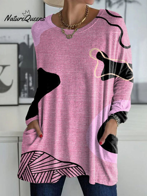 Women's Pink Irregular Pattern Print Casual V-neck Long Sleeve T-shirt