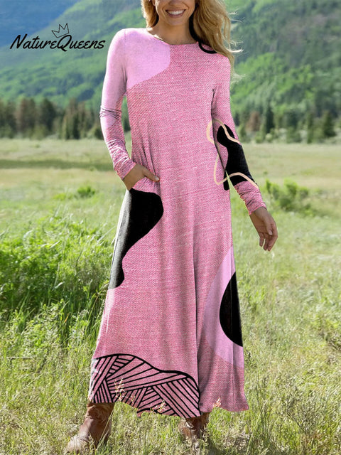 Women's Pink Irregular Art Print Long-sleeved Dress