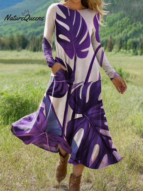 Women's Oversized Leaves Art Print Long-sleeved Dress