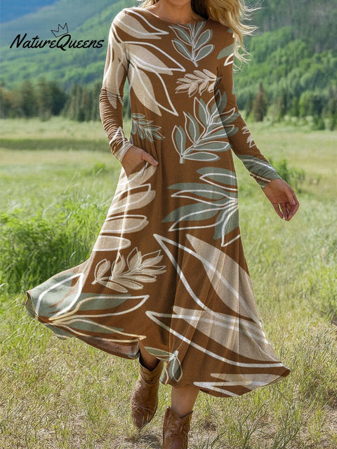 Women's large And Small Leaves Art Print Long-sleeved Dress