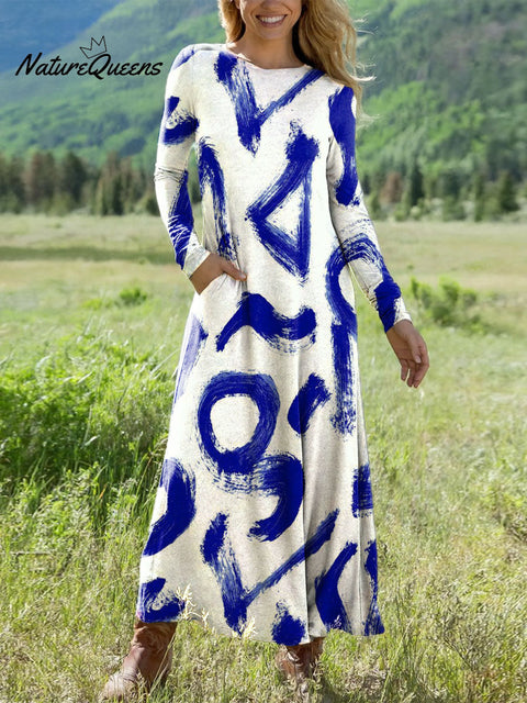 Women's Triangle Circle Line Segment Art Print Long-sleeved Dress