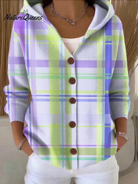 Women's large Plaid Printed Casual Hooded Button Sweater