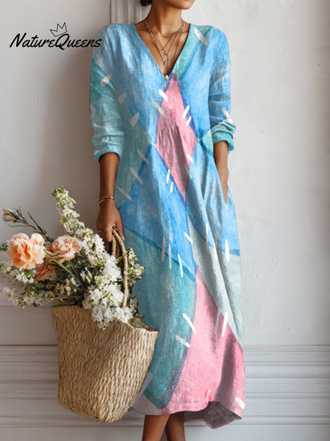 Women's Splicing Diamonds Print Linen Pocket Dress