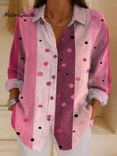 Women's Pink Striped Polka Dots Print Casual Cotton Shirt