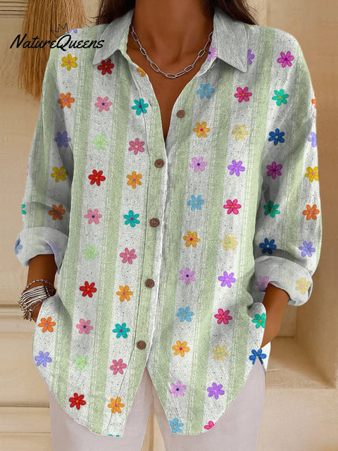 Women's Vertical Stripes With Colorful Flowers Print Casual Cotton Shirt