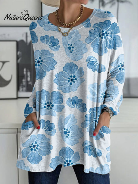 Women's Flower Ink Print Casual Long Sleeve Comfortable Cotton Shirt