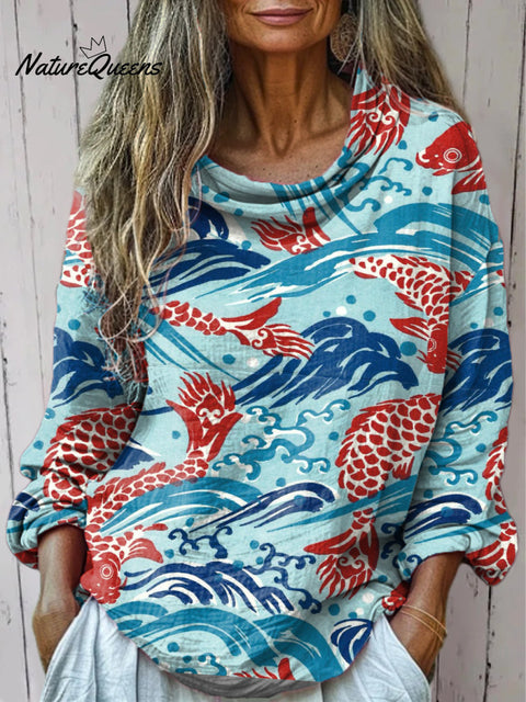 Women's Carp Print Casual Long Sleeve T-shirt