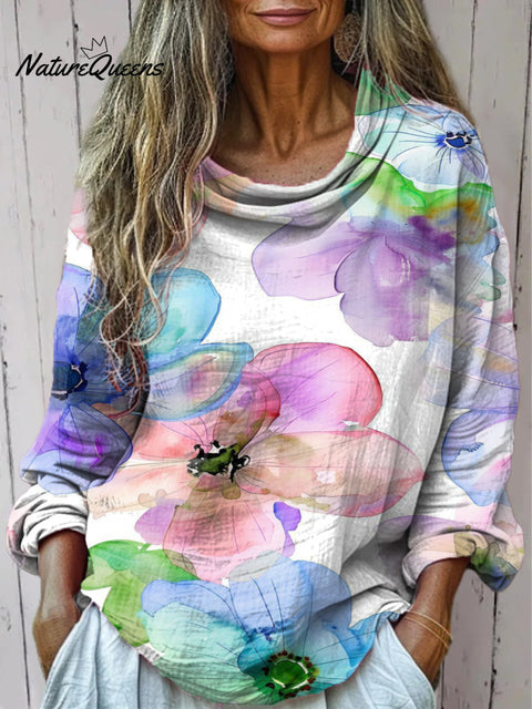 Women's Watercolor Style Flowers Print Casual Long Sleeve T-shirt