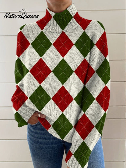Christmas Color Diamond Check Pattern Print Knit Turtleneck Pullover Sweater