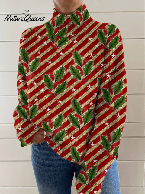 Christmas Striped Leaves Print Knit Turtleneck Pullover Sweater