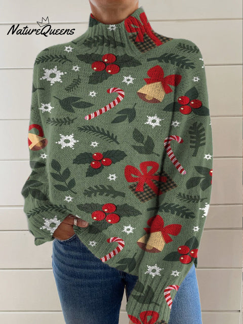 Christmas Elements Art Print Knit Turtleneck Pullover Sweater
