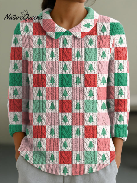 Women's Plaid Christmas Tree Print Casual Peter Pan Collar 3/4 Sleeve Sweater