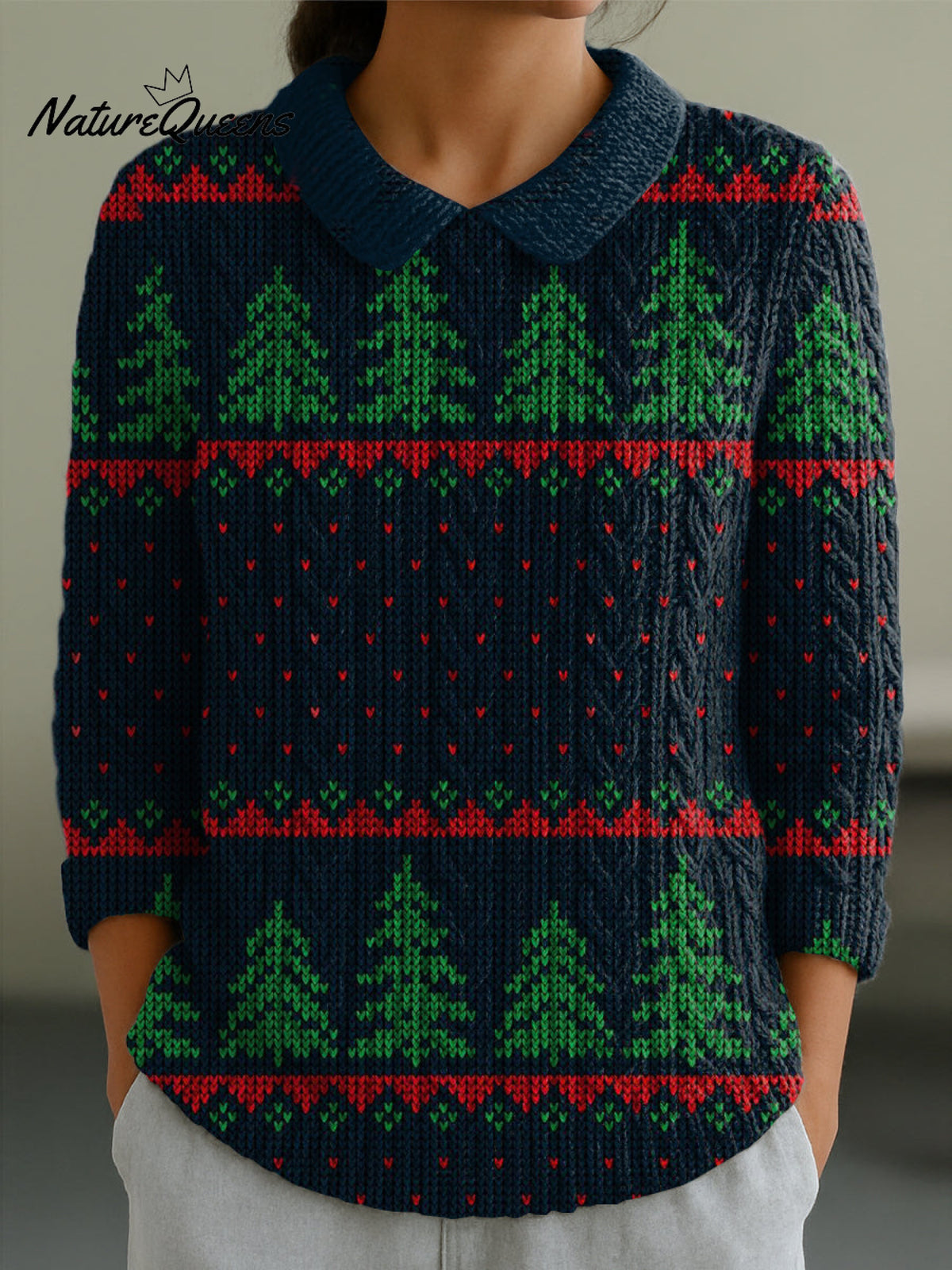 Women's Christmas Tree Polka Dots Print Casual Peter Pan Collar 3/4 Sleeve Sweater