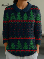 Women's Christmas Tree Polka Dots Print Casual Peter Pan Collar 3/4 Sleeve Sweater