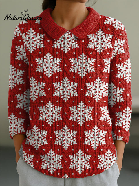 Women's Christmas Snowflake Print Casual Peter Pan Collar 3/4 Sleeve Sweater