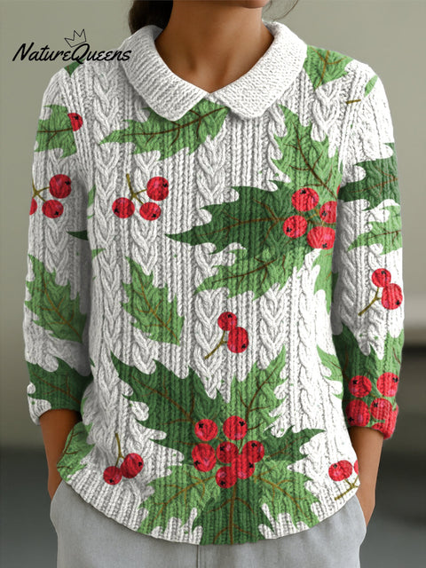 Women's Christmas Leaf Fruit Print Casual Peter Pan Collar 3/4 Sleeve Sweater