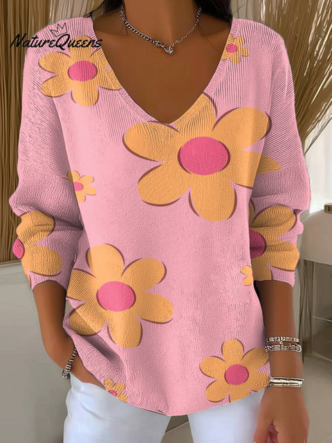 Women's Cute Big Flowers Print Casual Pullover Sweater