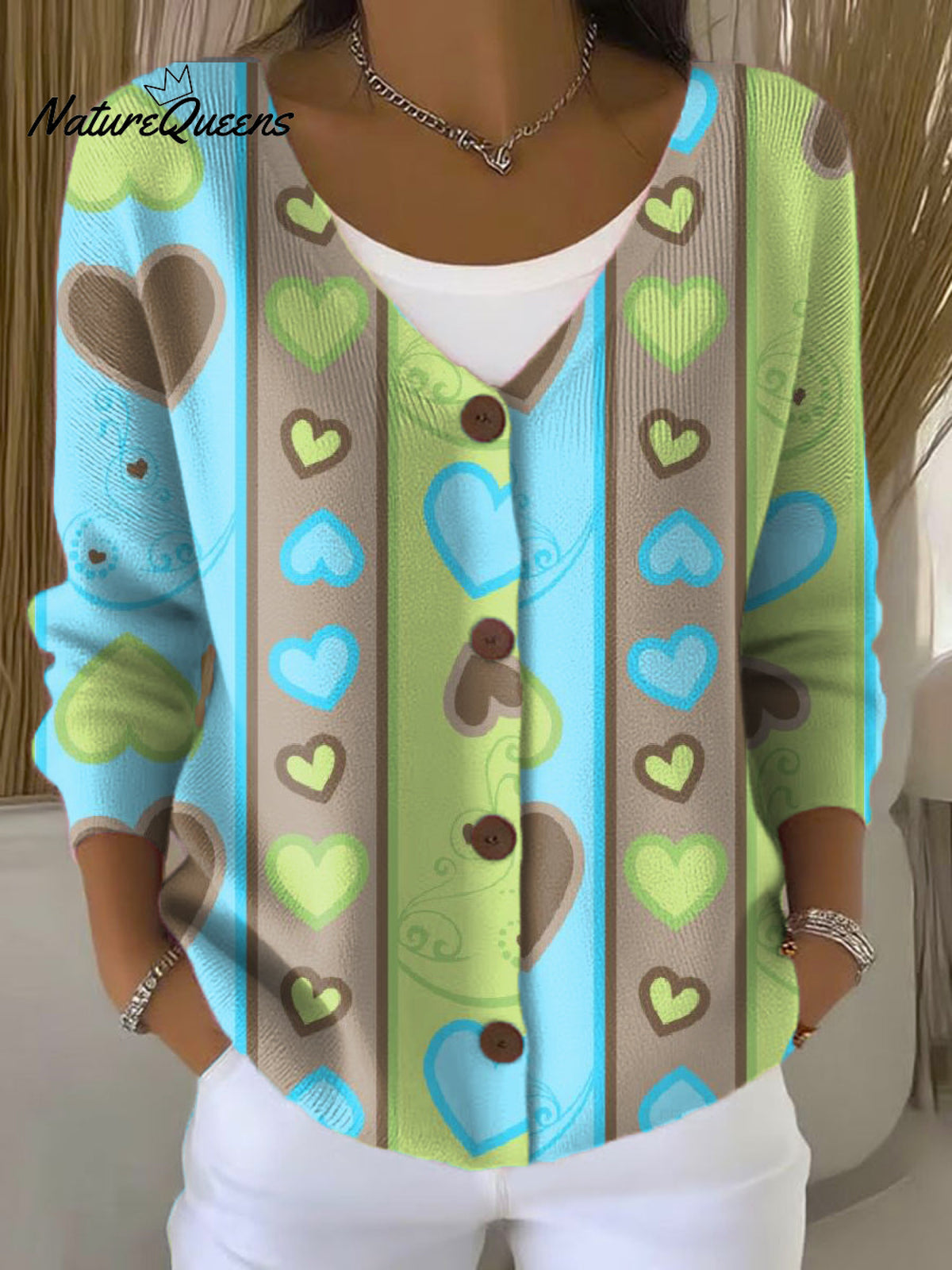 Contrast Color Heart Vertical Stripes Print Buttoned V-neck Cardigan Sweater