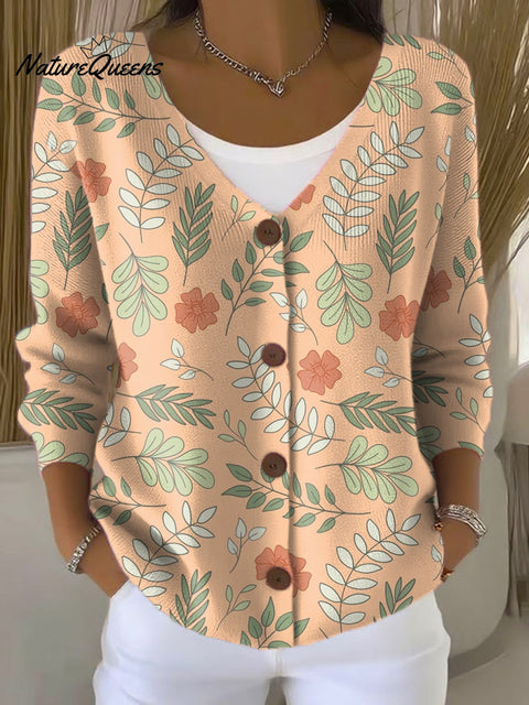 Grass And Flowers Print Buttoned V-neck Cardigan Sweater