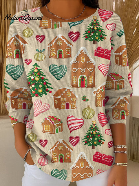 Women's Christmas Gingerbread House Print Casual Pullover Sweater