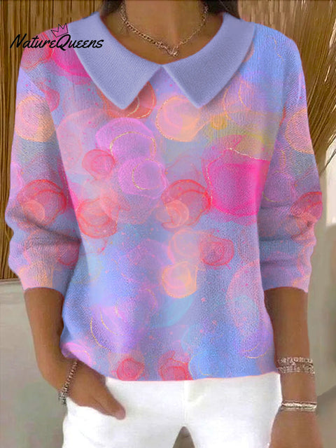 Women's Irregular Color Gradient Printing Casual Peter Pan Collar 3/4 Sleeve Sweater