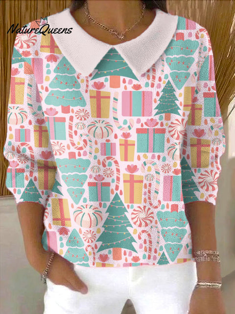 Women's Christmas Tree Gifts Print Casual Peter Pan Collar 3/4 Sleeve Sweater