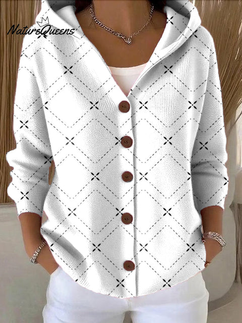 Women's Dashed Grid Printed Casual Hooded Button Sweater