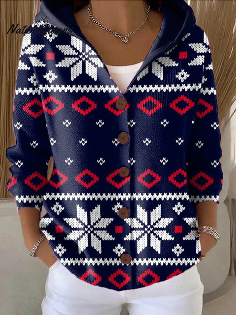 Women's Christmas Mosaic Snowflakes Printed Casual Hooded Button Sweater