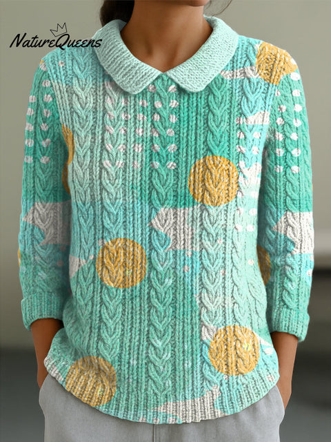 Women's Irregular Color Blocks Print Casual Peter Pan Collar 3/4 Sleeve Sweater