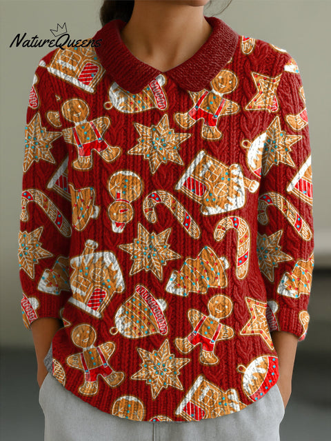 Women's Christmas Gingerbread Man Print Casual Peter Pan Collar 3/4 Sleeve Sweater